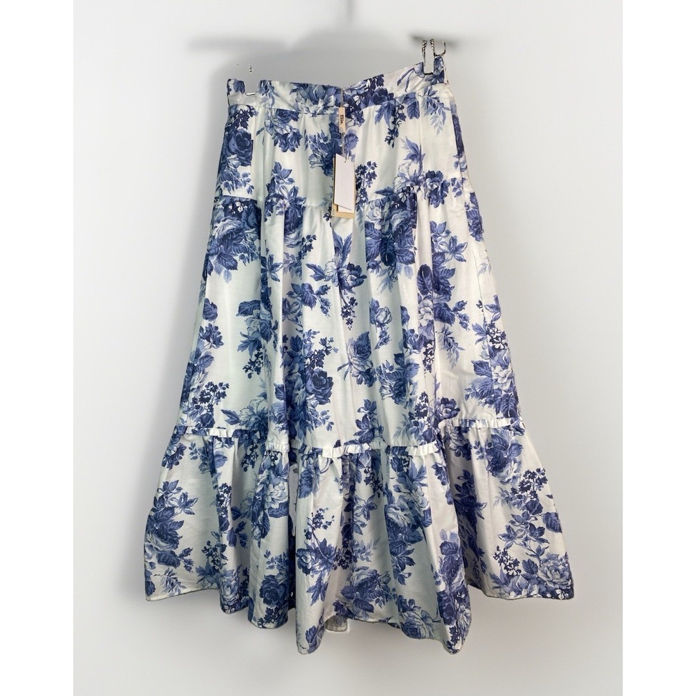 NWT Ellie Tahari Women's Tiered White Blue Floral Lined Maxi Skirt